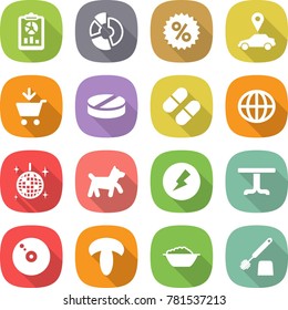 flat vector icon set - report vector, circle diagram, percent, car pointer, add to cart, pill, globe, disco ball, dog, electricity, table, cd, mushroom, foam basin, toilet brush