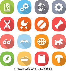 flat vector icon set - report vector, gear, circle diagram, dna, baby stroller, pill, bone, pacemaker, bridge, globe, dog, electricity, washing, cutting board, mushroom