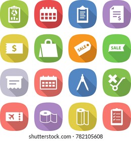 flat vector icon set - report vector, calendar, clipboard, account balance, receipt, shopping bag, sale label, atm, drawing compasses, do not trolley sign, ticket, toilet paper, towel, list