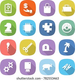 flat vector icon set - report vector, investment, shopping bag, chess horse, chip, puzzle, donut, sperm, surgical clamp, measuring tape, palm, dna edit, usb flash, sheep, clothespin