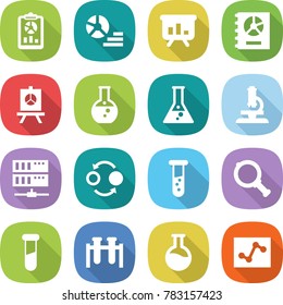 flat vector icon set - report vector, diagram, presentation, annual, round flask, microscope, server, quantum bond, vial, magnifier, test, analytics