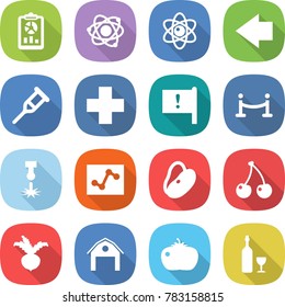 flat vector icon set - report vector, atom, left arrow, crutch, cross, important flag, vip fence, laser, analytics, beans, cherry, beet, barn, tomato, wine