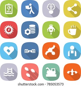 flat vector icon set - report vector, courier, bulb brain, molecule, sun power, virtual mining, jet robot, hot drink, pacemaker, school, satellite, workman, pool, seeds, harvester