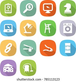 flat vector icon set - report vector, dollar magnifier, monitor arrow, chess horse, notebook, table lamp, Chair for babies, washing machine, link, garlic clasp, walnut crack, pasta, cheese