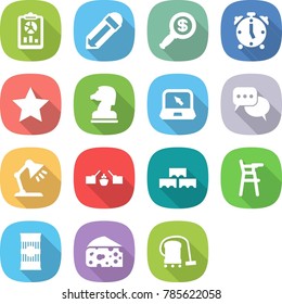 flat vector icon set - report vector, pencil, dollar magnifier, alarm clock, star, chess horse, notebook, discussion, table lamp, drawbridge, block wall, Chair for babies, pasta, cheese