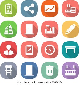 flat vector icon set - report vector, share, statistics, store, skyscraper, door, city, pencil, client, clipboard pen, watch, table, chair, trash bin, skysrcapers cleaning