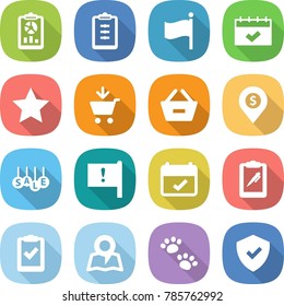 flat vector icon set - report vector, clipboard, flag, calendar, star, add to cart, remove from basket, dollar pin, sale, important, terms, pen, check, map, pets, shield