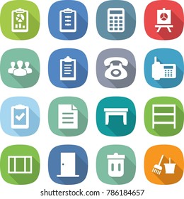 flat vector icon set - report vector, clipboard, calculator, presentation, group, phone, check, document, table, rack, window, door, trash bin, bucket and broom