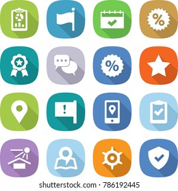 flat vector icon set - report vector, flag, calendar, percent, medal, discussion, star, geo pin, important, mobile location, clipboard check, sun potection, map, handwheel, shield