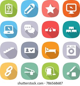 flat vector icon set - report vector, pencil, star, monitor arrow, notebook, discussion, drawbridge, block wall, stairs, check in, bed, washing machine, link, garlic clasp, vacuum cleaner