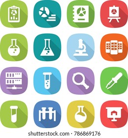 flat vector icon set - report vector, diagram, annual, presentation, round flask, microscope, server, vial, magnifier, pipette, test