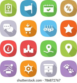 flat vector icon set - report vector, flag, calendar, percent, discussion, add to cart, sale, star, info, castle, geo pin, sun potection, handwheel, nightstand, pets