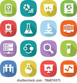 flat vector icon set - report vector, diagram, presentation, annual, flask, microscope, server, quantum bond, magnifier, test vial, analytics