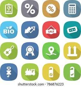 flat vector icon set - report vector, percent, calculator, bio, up down arrow, sale, ticket, medical label, medal, geo pin, cargo top sign, do not hook, train, distrub, please clean
