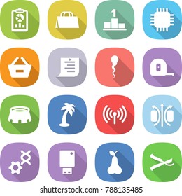 flat vector icon set - report vector, shopping bag, pedestal, chip, remove from basket, list, sperm, measuring tape, stadium, palm, wireless, magnetic field, dna edit, usb flash, pear, pruner