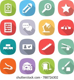 flat vector icon set - report vector, pencil, dollar magnifier, star, abacus, discussion, table lamp, drawbridge, block wall, check in, stairs, garlic clasp, walnut crack, cheese, vacuum cleaner