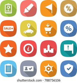 flat vector icon set - report vector, marker, flag, percent, sale, car pointer, add to cart, star, info, castle, important, clipboard, check in, handwheel, shield