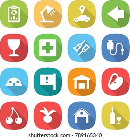 flat vector icon set - report vector, table lamp, car pointer, left arrow, wineglass, medical cross, crutch, dropper, dome house, important flag, warehouse, beans, cherry, beet, barn, wine