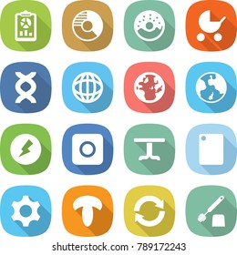 flat vector icon set - report vector, circle diagram, donut, baby stroller, dna, globe, earth, electricity, ring button, table, cutting board, gear, mushroom, reload, toilet brush