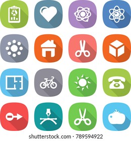 flat vector icon set - report vector, heart, atom, round around, home, scissors, 3d, plan, bike, sun, phone, electron, drawing pen, tomato