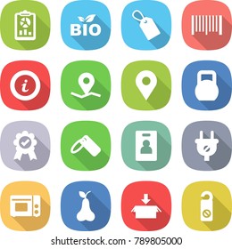 flat vector icon set - report vector, bio, label, bar code, info, geo pin, heavy, medal, identity card, plug, grill oven, pear, package, do not distrub