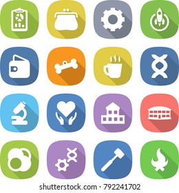 flat vector icon set - report vector, purse, gear, rocket, wallet, bone, hot drink, dna, microscope, health care, cottage, airport building, atom core, edit, meat hammer, fire