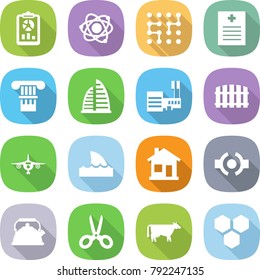 flat vector icon set - report vector, atom, chip, recipe, column, skyscraper, mall, fence, plane, shark flipper, home, connect, kettle, scissors, cow, honeycombs