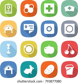 flat vector icon set - report vector, atom core, medical cross, hat, barn, location details, ring button, laser, orbit, tomato, cherry, rabbit, potato, foam bucket