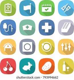 flat vector icon set - report vector, flag, calendar, crutch, dropper, medical hat, cross, brick, barn, ring button, orbit, setup, cherry, rabbit, potato, wine