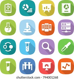 flat vector icon set - report vector, diagram, presentation, annual, round flask, microscope, server, quantum bond, vial, magnifier, pipette, test, analytics