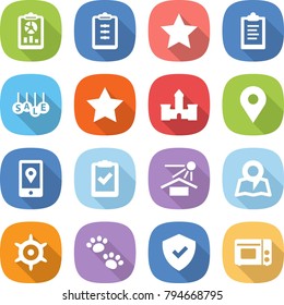 flat vector icon set - report vector, clipboard, star, sale, castle, geo pin, mobile location, check, sun potection, map, handwheel, pets, shield, grill oven