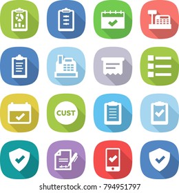 flat vector icon set - report vector, clipboard, calendar, cashbox, atm receipt, list, terms, customs, check, protected, inventory, mobile checking, shield