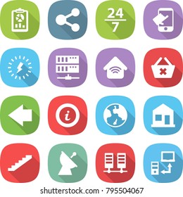 flat vector icon set - report vector, share, 24 7, touch, lightning, server, wireless home, delete cart, left arrow, info, earth, stairs, satellite antenna, data transfer