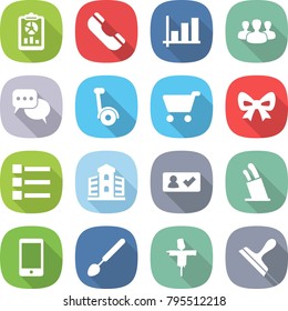 flat vector icon set - report vector, phone, graph, group, discussion, gyroscooter, cart, bow, list, building, check in, stands for knives, big spoon, scarecrow, scraper
