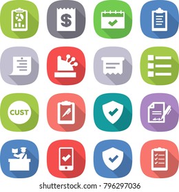 flat vector icon set - report vector, receipt, calendar, clipboard, shopping list, cashbox, atm, customs, pen, protected, inventory, inspector, mobile checking, shield