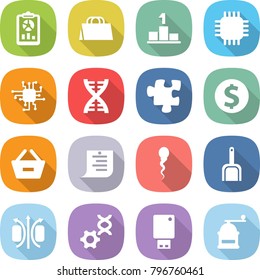 flat vector icon set - report vector, shopping bag, pedestal, chip, dna, puzzle, dollar coin, remove from basket, list, sperm, scoop, magnetic field, edit, usb flash, hand mill