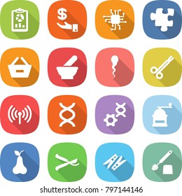 flat vector icon set - report vector, investment, chip, puzzle, remove from basket, mortar, sperm, surgical clamp, wireless, dna, edit, hand mill, pear, pruner, clothespin, toilet brush