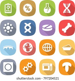flat vector icon set - report vector, percent, round flask, dna, around, pill, bone, bridge, globe, washing, ring button, gears, grill oven, mushroom
