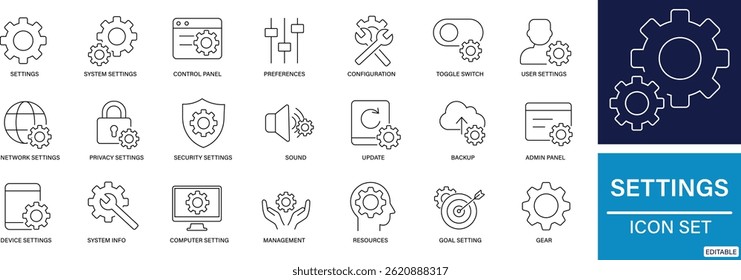 Flat vector icon set representing system settings, configuration tools, sliders, gears, and adjustment controls. 
