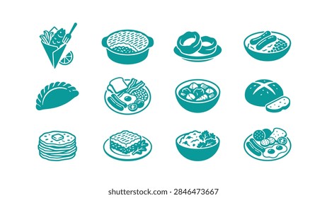 Flat vector icon set representing traditional British cuisine dishes including fish and chips, full English breakfast, bangers and mash, Cornish pasty, and shepherd's pie on white.