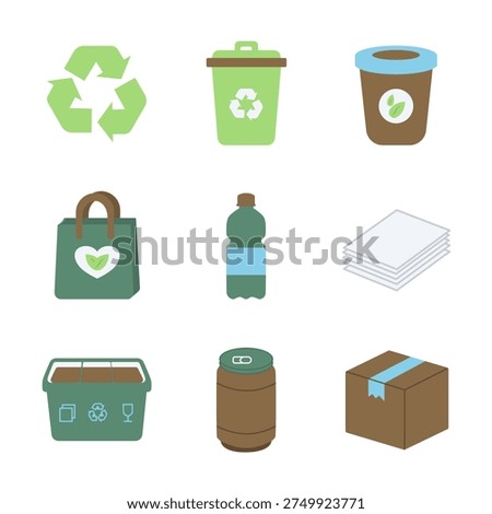 Flat vector icon set representing recycling and waste management including recycling symbol, trash bin, plastic bottle, paper stack, reusable bag, coffee cup, metal can and cardboard box.