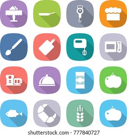flat vector icon set - restaurant vector, pan, handle scales, chief hat, big spoon, cutting board, mixer, microwave oven, food processor, meal cap, pasta, tomato, fish, croissant, spike