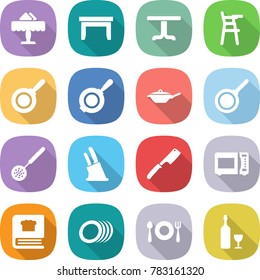 flat vector icon set - restaurant vector, table, Chair for babies, pan, skimmer, knife holder, chef, microwave oven, cooking book, plates, fork spoon plate, wine