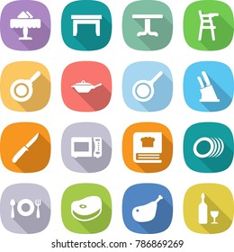 flat vector icon set - restaurant vector, table, Chair for babies, pan, knife holder, microwave oven, cooking book, plates, fork spoon plate, steake, chicken leg, wine