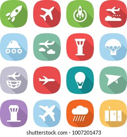 flat vector icon set - rocket vector, plane, weather management, lunar rover, journey, airport tower, parachute delivery, shipping, air ballon, deltaplane, airplane, rain cloud, clean window