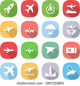 flat vector icon set - rocket vector, plane, weather management, parachute delivery, shipping, deltaplane, ticket, airplane, departure, start, wasp