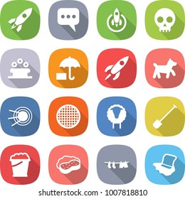 flat vector icon set - rocket vector, message, skull, flower bed, insurance, dog, satellite, sieve, sheep, shovel, foam bucket, sponge with, drying clothes, floor washing
