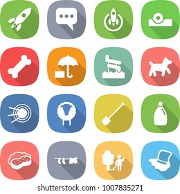 flat vector icon set - rocket vector, message, head reflector, bone, , aquapark, dog, satellite, sheep, shovel, cleanser, sponge with foam, drying clothes, garden cleaning, floor washing