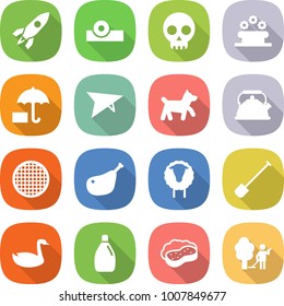 flat vector icon set - rocket vector, head reflector, skull, flower bed, insurance, deltaplane, dog, kettle, sieve, chicken leg, sheep, shovel, goose, cleanser, sponge with foam, garden cleaning