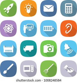 flat vector icon set - rocket vector, bulb, mail, calculator, atom, presentation, battery, ear, gothic architecture, shipping, camera, bell, big spoon, microwave oven, fork, wiping